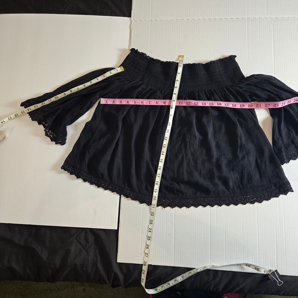 Zara Trafulac Black Off Shoulder Smocked Crop Top Bell‎ Sleeve Lace Trim Medium - Picture 8 of 8